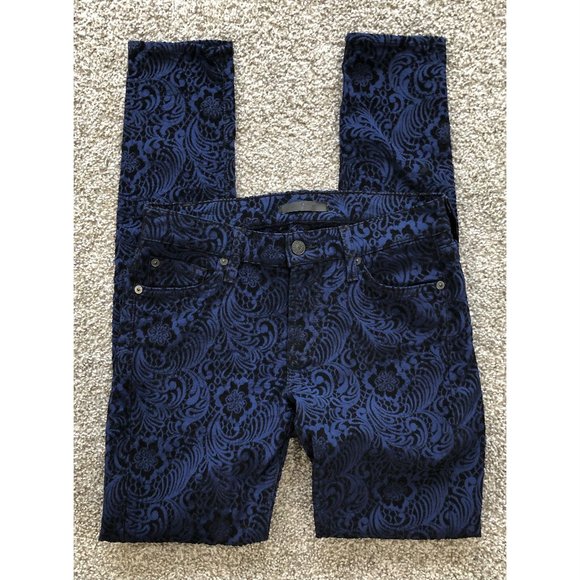 7 For All Mankind Navy Skinny Brocade Jacquard Jeans - Size 27 - Picture 1 of 7
